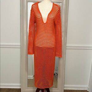 Vibrant Orange Open Knit Crochet Dress, Boho, Festival